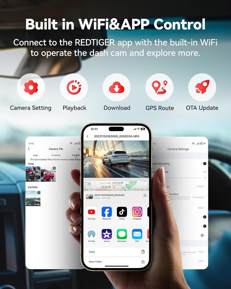 ريد تايجر كاميرا داش كام REDTIGER F7NP 4K أمامية وخلفية، مستشعر STARVIS 2، بطاقة 128 جيجابايت مضمنة، واي فاي 5 جيجاهرتز - تنزيل سريع 20 ميجابايت/ثانية، كاميرا داش كام للسيارة مع GPS، رؤية ليلية WDR، زاوية واسعة 170 درجة، وضع ركن 24 ساعة - Image 4