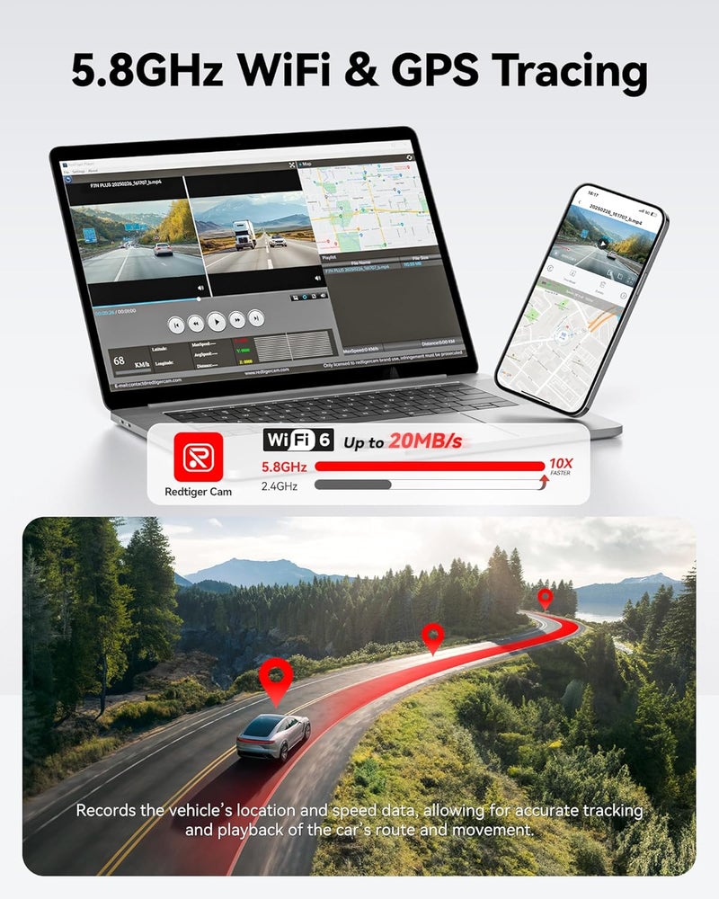 ريد تايجر كاميرا داش كام REDTIGER F7NP 4K أمامية وخلفية، مستشعر STARVIS 2، بطاقة 128 جيجابايت مضمنة، واي فاي 5 جيجاهرتز - تنزيل سريع 20 ميجابايت/ثانية، كاميرا داش كام للسيارة مع GPS، رؤية ليلية WDR، زاوية واسعة 170 درجة، وضع ركن 24 ساعة - Image 5