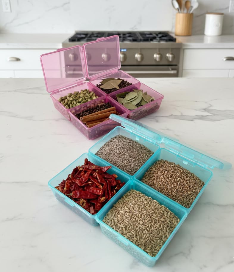c s m C.S.M CSM Plastic Compartment Storage Box with Individual Lids, Four Compartments, Rectangular, Multicolor, Pack of Two - Image 2