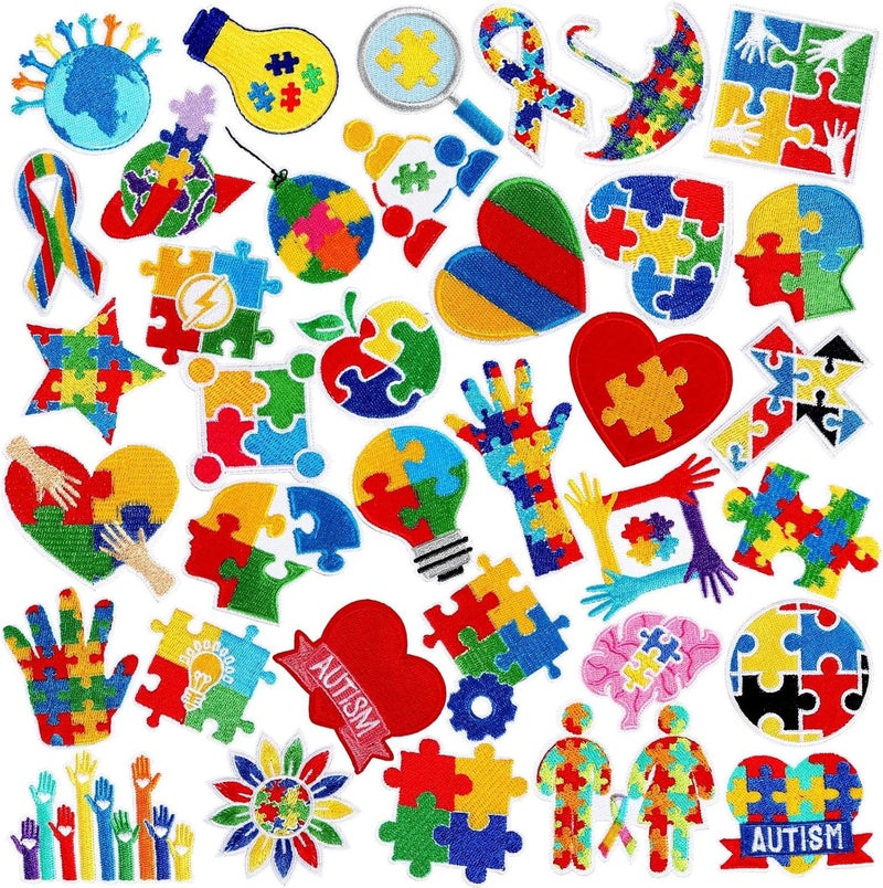 Augsun 36pcs Autism Awareness Iron on Patches Autism Awareness Ribbon Embroidered Sew Applique Repair Patch Support Campaign Charity Event DIY Crafts for Clothing Dress Backpack Hat Decorations ﻿ - Image 1