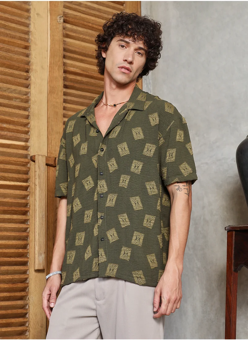 Campus Sutra Men's Olive Green Indie-Cuban Oversized Shirt