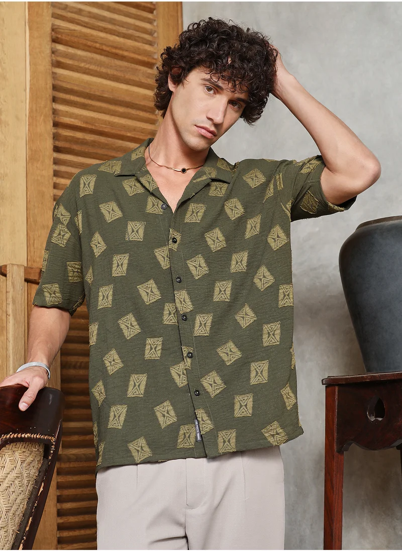 Campus Sutra Men's Olive Green Indie-Cuban Oversized Shirt
