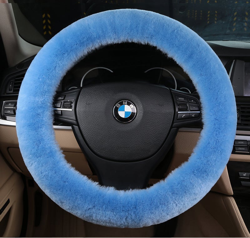 Generic New car wool steering wheel cover wool short plush cute wool car handle cover winter handle cover fur one Sky Blue 
