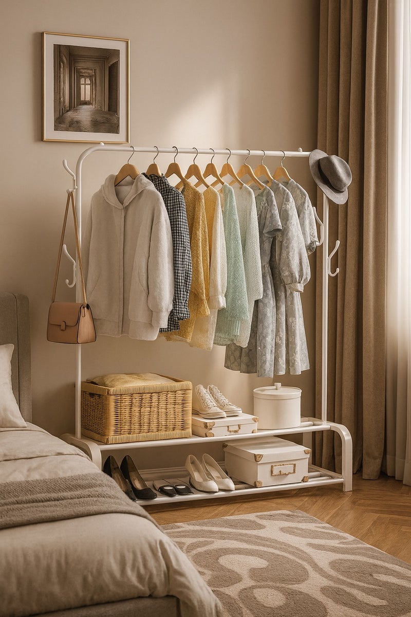 ALMUFARREJ Elegant Multi-Functional Garment Rack with Bottom Shelf for Shoe Storage and Organization – The Ideal Solution for Modern and Tidy Bedrooms - Image 1