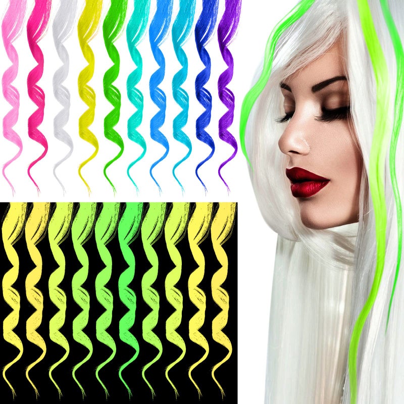 Juinte 20 Pcs Glow in The Dark Colored Hair Extensions Clip 20 Inch Rainbow Party Hairpiece for Women 10 Color Curly Hair