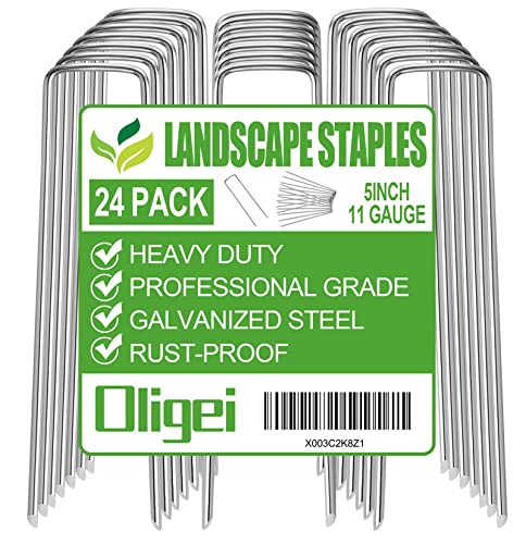 Oligei 24 Pack Garden Stakes, U-Shaped Tent Stakes, Galvanized Landscape Staples, Ground Stakes, for Landscaping Securing Weed Barrier Fabric, Irrigation Tubing, Holding Fence, Tarpaulin - Image 1