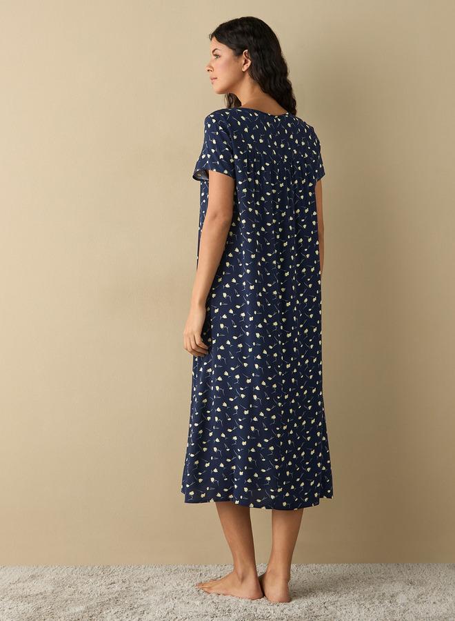 سبلاش فيڤ فستان نوم فيسكوز بطبعة زهور شاملة بياقة مستديرة وأكمام قصيرة - Image 3