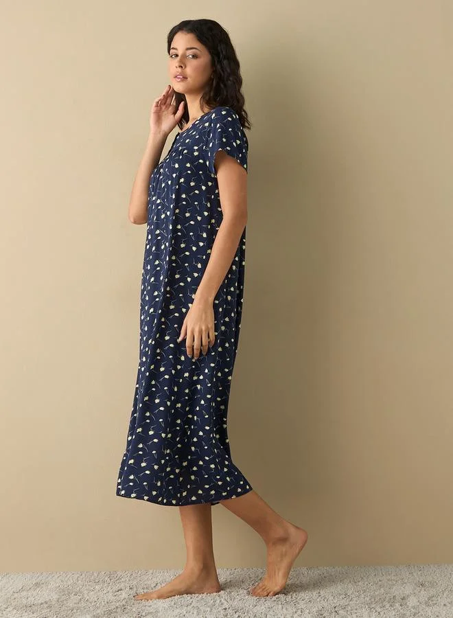 سبلاش فيڤ فستان نوم فيسكوز بطبعة زهور شاملة بياقة مستديرة وأكمام قصيرة