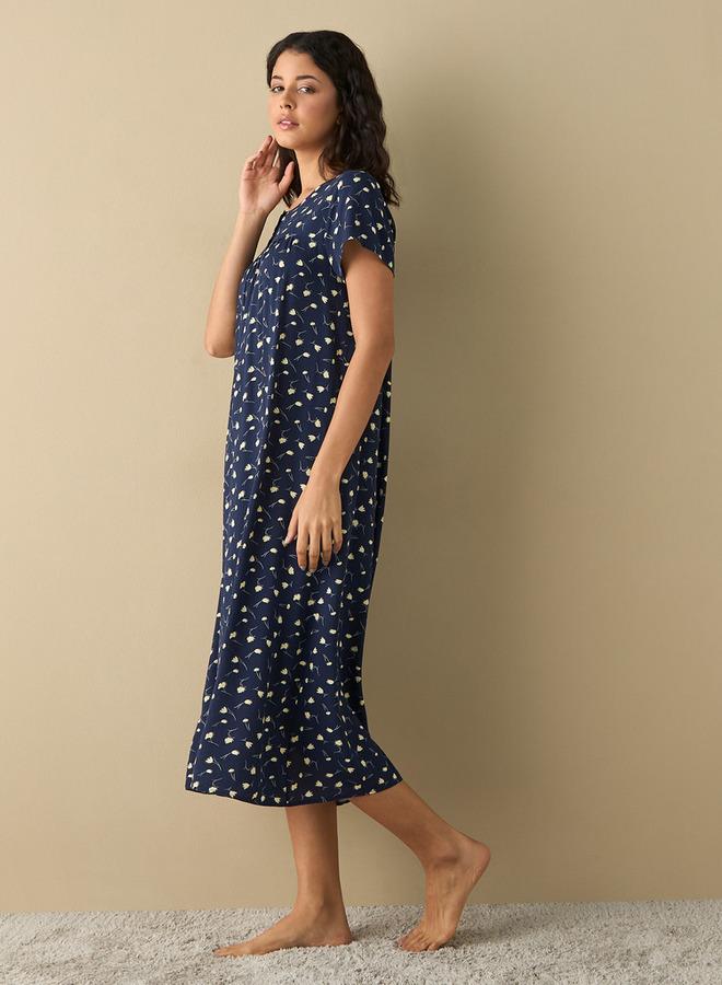 سبلاش فيڤ فستان نوم فيسكوز بطبعة زهور شاملة بياقة مستديرة وأكمام قصيرة - Image 2