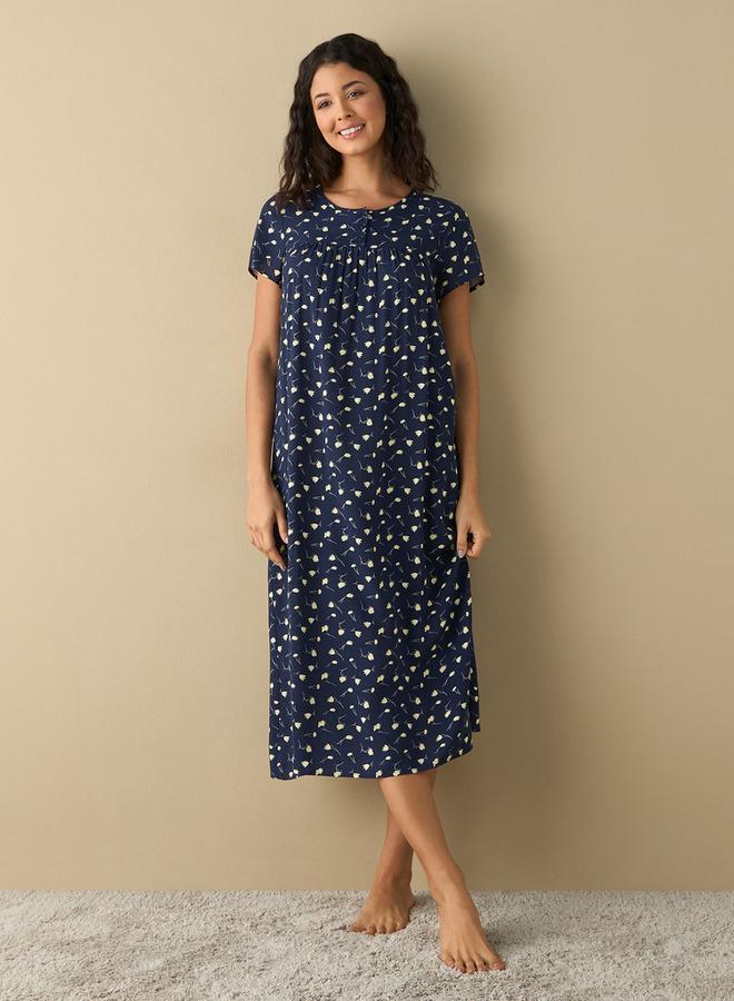 سبلاش فيڤ فستان نوم فيسكوز بطبعة زهور شاملة بياقة مستديرة وأكمام قصيرة - Image 1