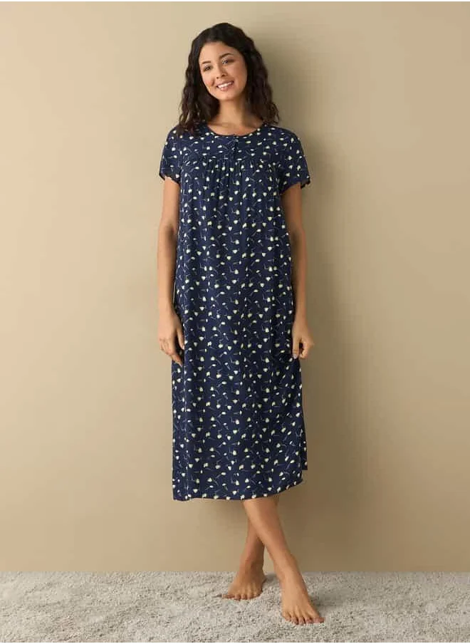 FAV All-Over Floral Print Night Dress with Round Neck and Short Sleeves