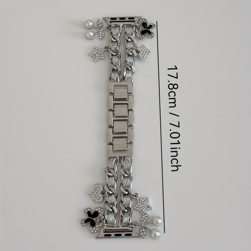 Fashion Double Chain Pendant Strap Compatible With Apple Watch Series 10 9 8 7 Se 6 5 4 42mm 44mm 45mm 49mm 46mm Silvery Metal Smart Bracelet Wristband Gift For Girlfriend - Image 2