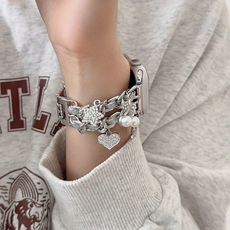 Fashion Double Chain Pendant Strap Compatible With Apple Watch Series 10 9 8 7 Se 6 5 4 42mm 44mm 45mm 49mm 46mm Silvery Metal Smart Bracelet Wristband Gift For Girlfriend - Image 4