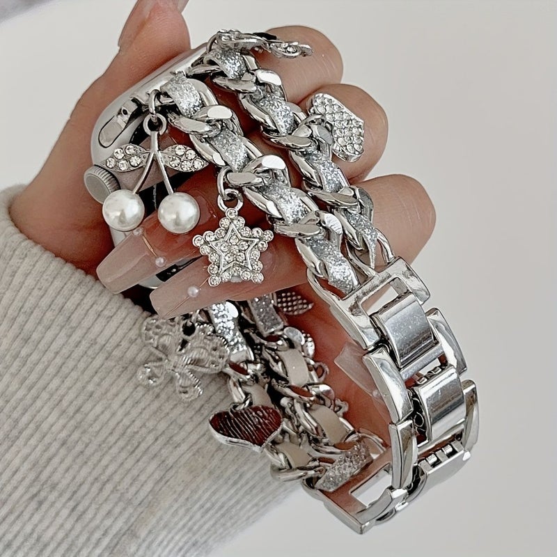 Fashion Double Chain Pendant Strap Compatible With Apple Watch Series 10 9 8 7 Se 6 5 4 42mm 44mm 45mm 49mm 46mm Silvery Metal Smart Bracelet Wristband Gift For Girlfriend - Image 3