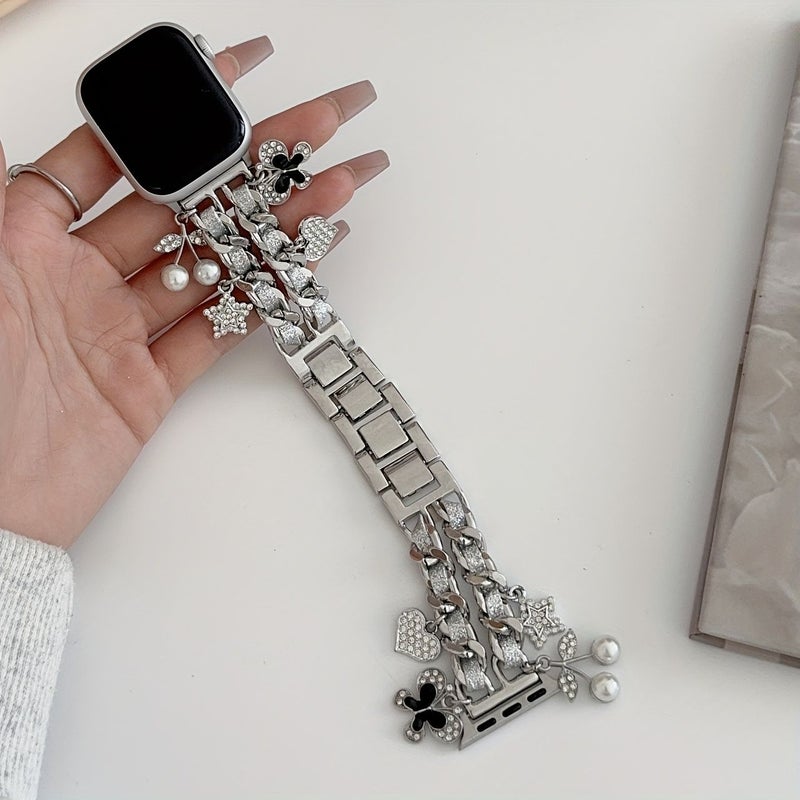Fashion Double Chain Pendant Strap Compatible With Apple Watch Series 10 9 8 7 Se 6 5 4 42mm 44mm 45mm 49mm 46mm Silvery Metal Smart Bracelet Wristband Gift For Girlfriend - Image 1