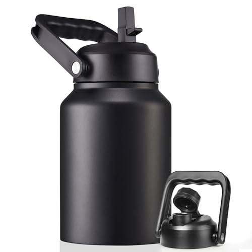 EALGRO Half Gallon Insulated Water Bottle Jug with Straw 64 oz Large Stainless Steel Sports Metal Water Flask with Handle Thermal Water Cup Mug with 2 Lids Black