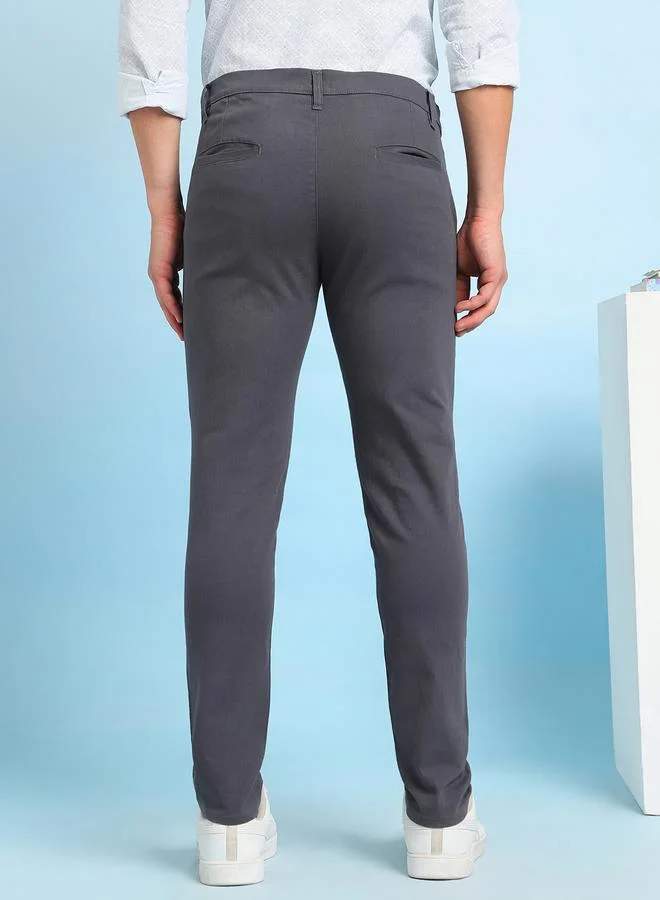 Dennis Lingo Men's Denim Blue 100% Cotton Solid Pattern Full Length Chinos Slim Fit Pants