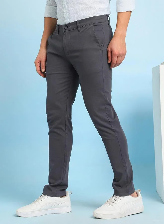 Dennis Lingo Men's Denim Blue 100% Cotton Solid Pattern Full Length Chinos Slim Fit Pants