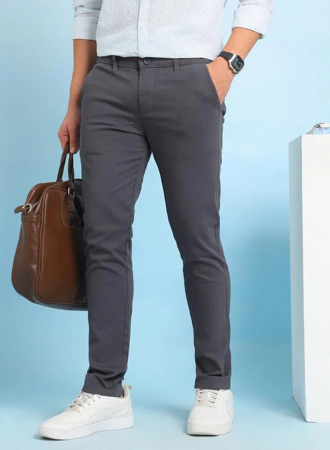 Dennis Lingo Men's Denim Blue 100% Cotton Solid Pattern Full Length Chinos Slim Fit Pants
