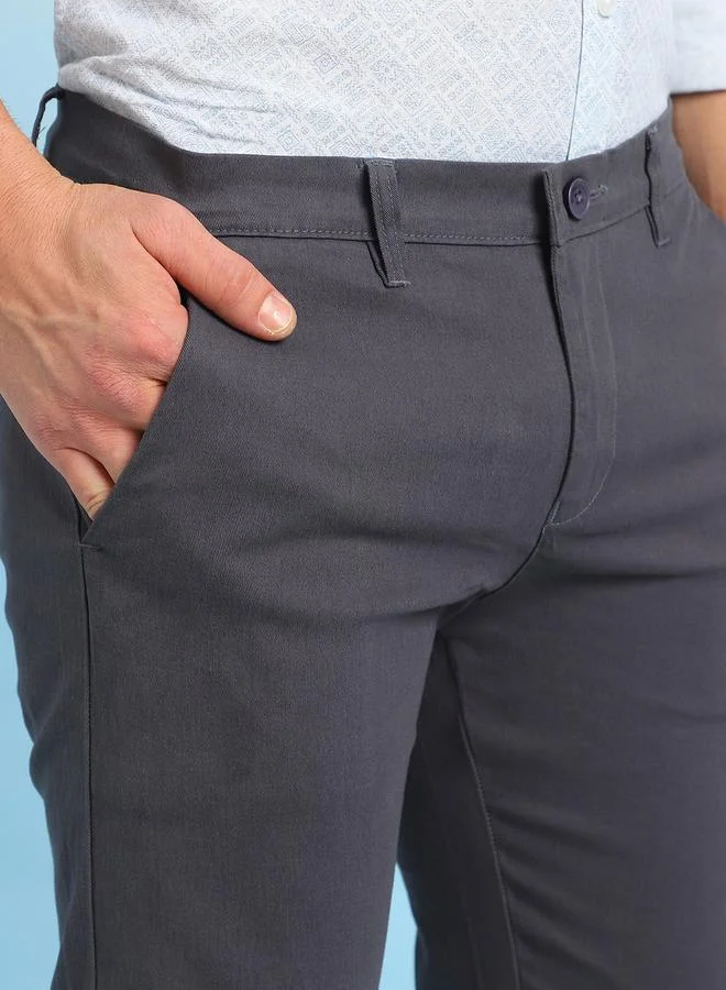 Dennis Lingo Men's Denim Blue 100% Cotton Solid Pattern Full Length Chinos Slim Fit Pants