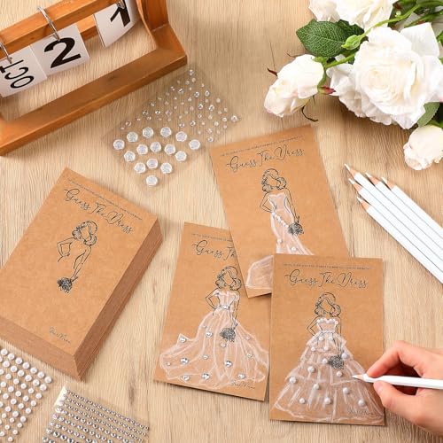 Sinload 30 Sets Guess the Dress Bridal Shower Games for Guests Include 30 Wedding Shower Games Cards 30 Water Soluble Pencils with Rose Pearl Gem Stickers Fun Wedding Party Favor Supplies - Image 4