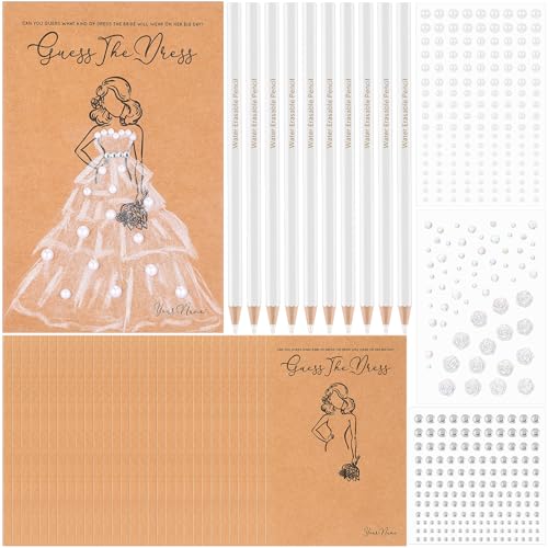 Sinload 30 Sets Guess the Dress Bridal Shower Games for Guests Include 30 Wedding Shower Games Cards 30 Water Soluble Pencils with Rose Pearl Gem Stickers Fun Wedding Party Favor Supplies - Image 1