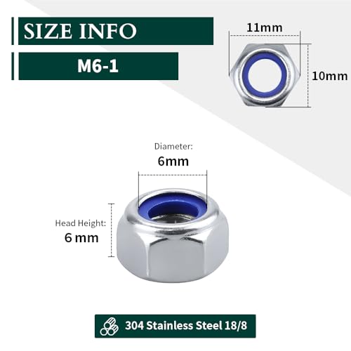 EASTLO M6-1.0 (50 pcs) Nylon Insert Hex Lock Nuts 304 Stainless Steel 18-8 Locknut, Bright Finish, DIN985 - Image 2