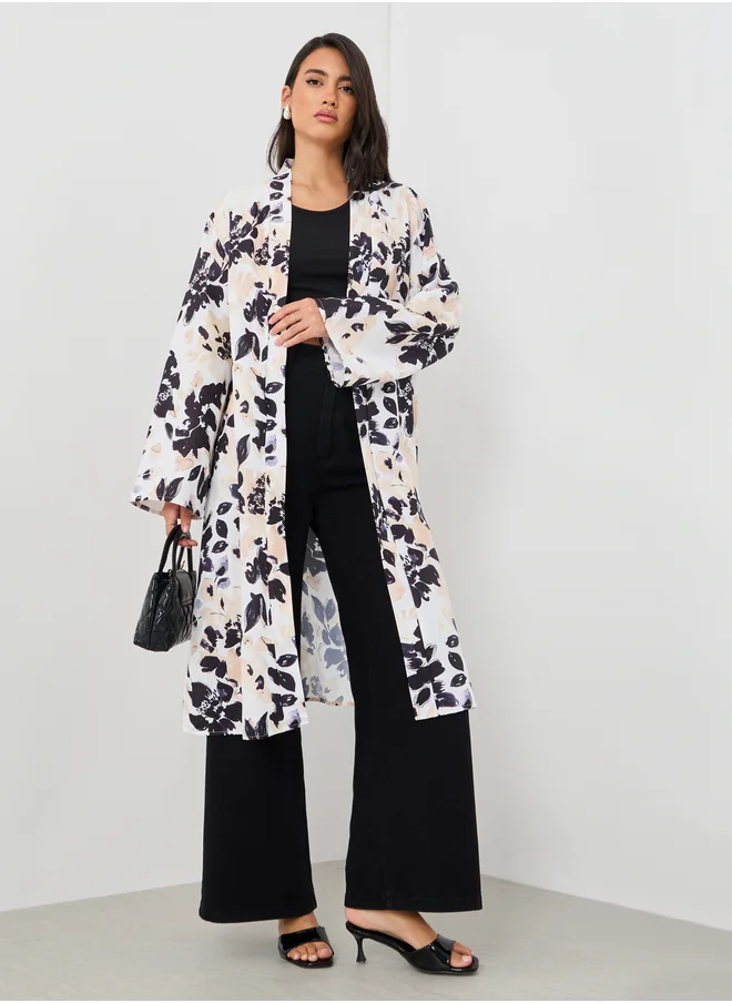 ستايلي Styli Floral Print Regular Fit Knee Length Kimono with Slit