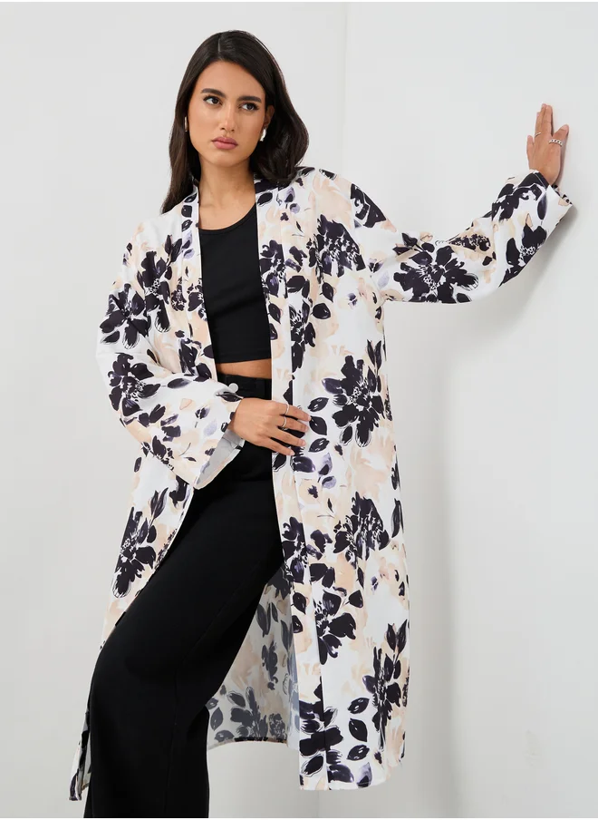 ستايلي Styli Floral Print Regular Fit Knee Length Kimono with Slit