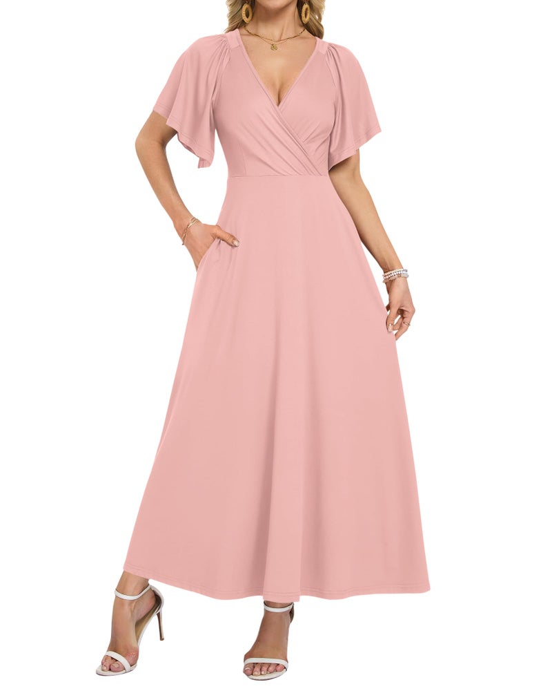 AUSELILY Summer Maxi Dresses Women 2026 Wrap Deep V Neck Flowy Beach Dresses Ruffle Sleeve Formal Wedding Guest Dress with Pockets Light Pink L - Image 1