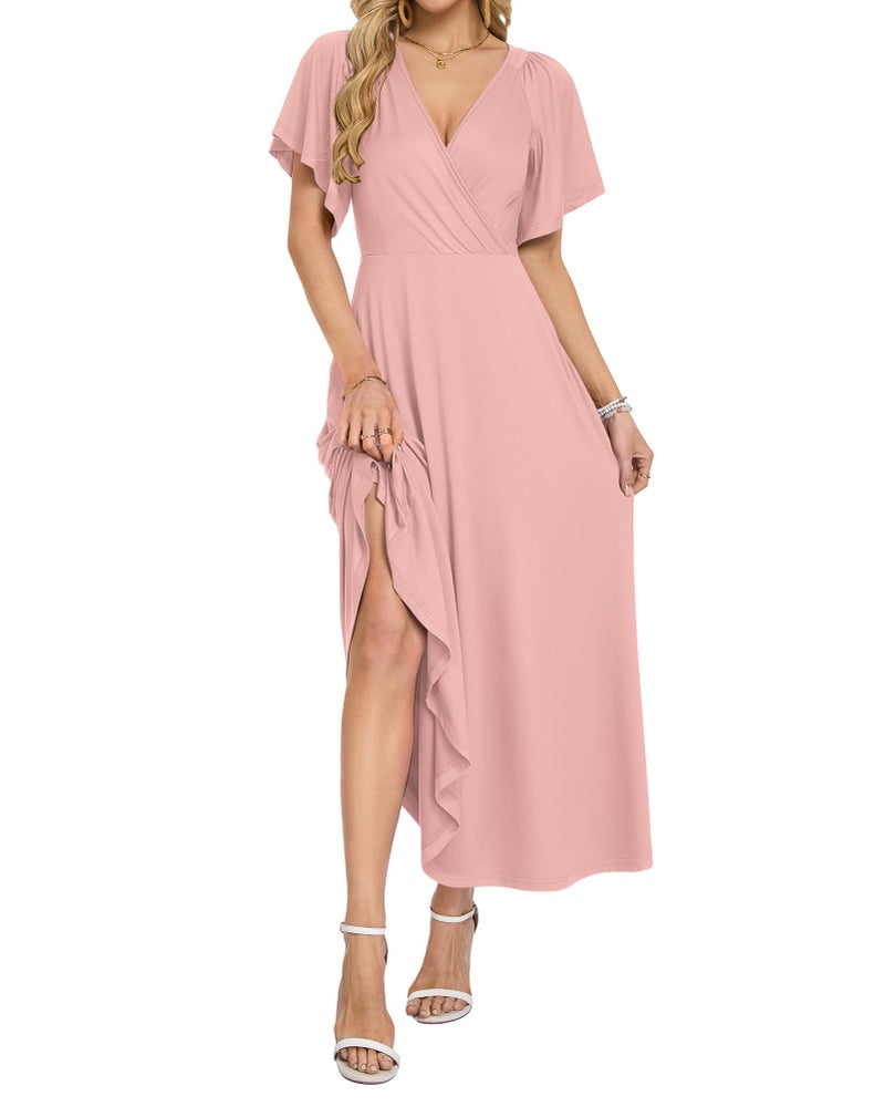 AUSELILY Summer Maxi Dresses Women 2026 Wrap Deep V Neck Flowy Beach Dresses Ruffle Sleeve Formal Wedding Guest Dress with Pockets Light Pink L - Image 2
