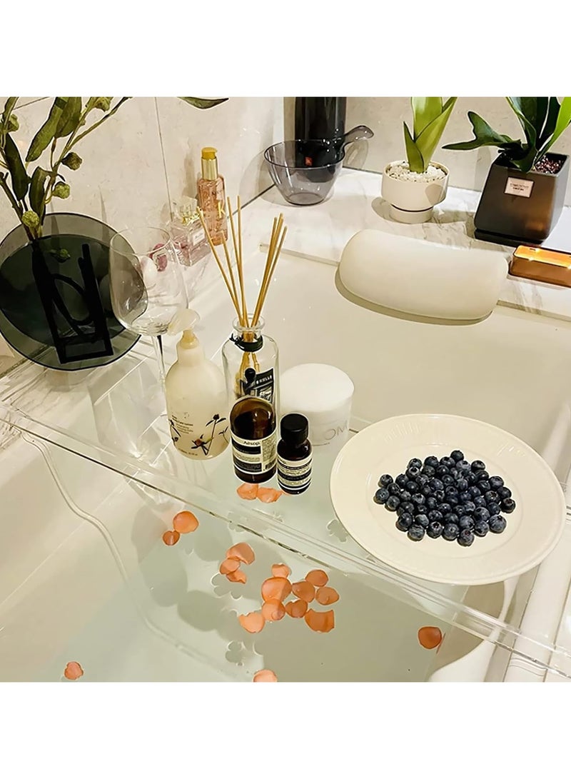 إي وورلد صينية بانيو شفافة أنيقة، منظم حمام بطول يناسب جميع أحواض الاستحمام، لتنظيم الصابون والمناشف والشموع والنباتات والمزيد. الأبعاد: 32.2 × 7.8 × 1.18 بوصة - Image 2