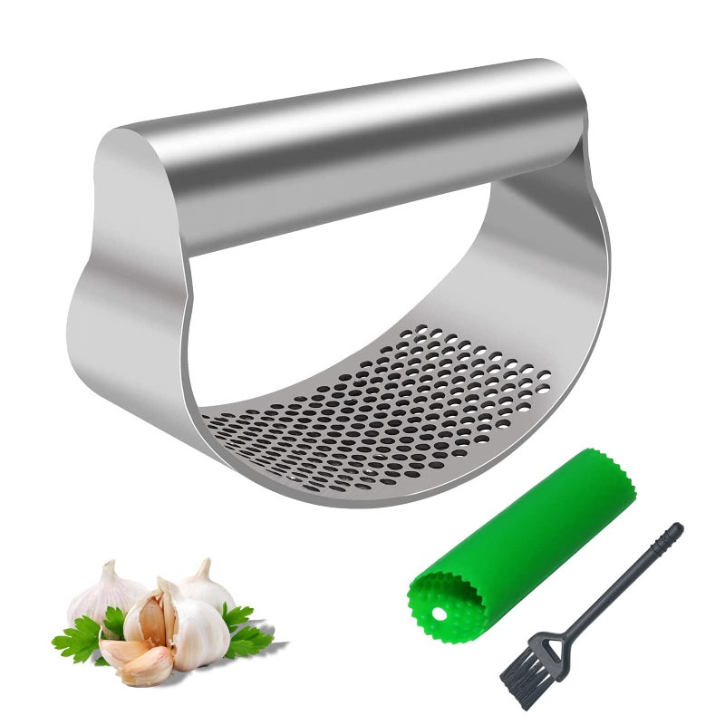 Sinnsally Garlic Press Stainless Steel Garlic Crusher Presser Kitchen Garlic Rocker Food Grade Ginger Grater Chopper Mincer Twister Squeezer Smasher with Silicone Garlic Peeler Tube Roller  Cleaning Brush