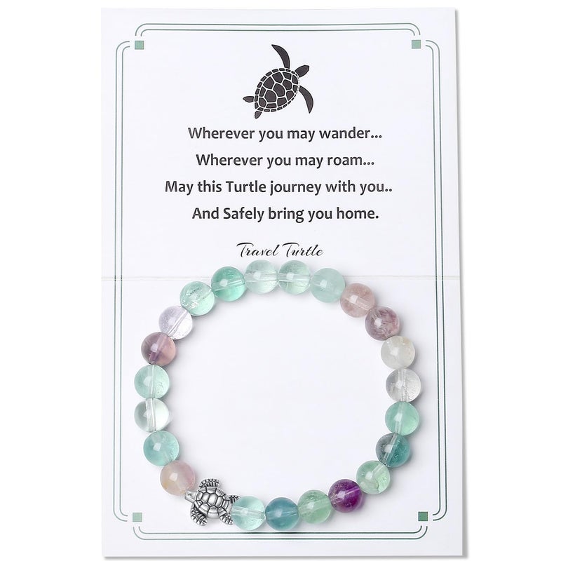 MAIBAOTA Turtle Bracelet Cool Turtle Gifts for Travelers Best Travel Gifts for Women Unique 8 mm Round Fluorite Gemstones Stretch Bracelet - Image 1