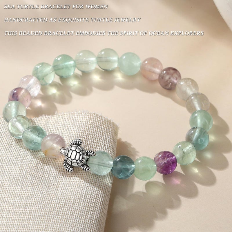 MAIBAOTA Turtle Bracelet Cool Turtle Gifts for Travelers Best Travel Gifts for Women Unique 8 mm Round Fluorite Gemstones Stretch Bracelet - Image 4