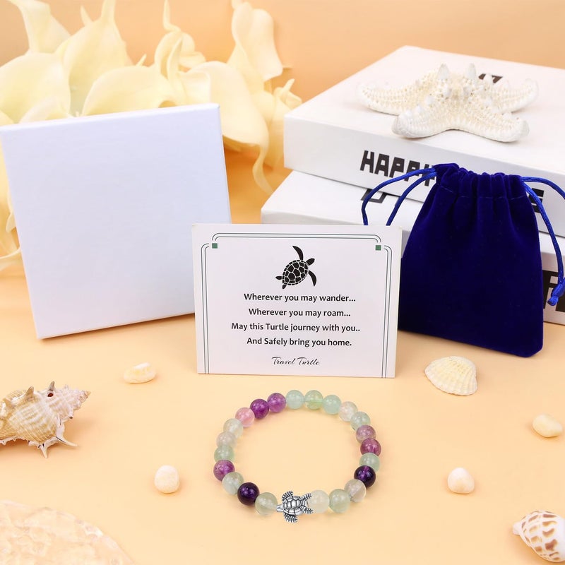 MAIBAOTA Turtle Bracelet Cool Turtle Gifts for Travelers Best Travel Gifts for Women Unique 8 mm Round Fluorite Gemstones Stretch Bracelet - Image 2