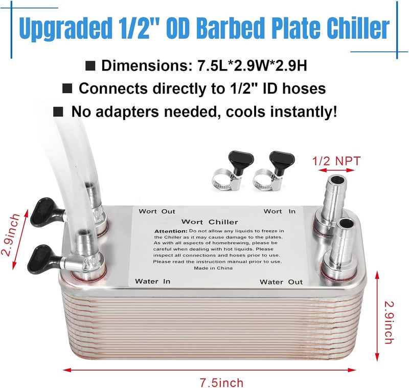 Ferroday مبرد وورت 30 صفيحة، توصيل بارب 1/2" لمبرد وورت المنزل، مبادل حراري من الفولاذ المقاوم للصدأ، مبرد بيرة وورت مبادل حراري للتخمير-7.5" × 2.9" - Image 5