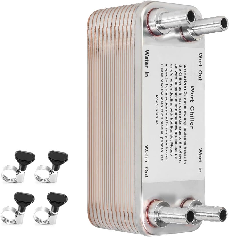 Ferroday مبرد وورت 30 صفيحة، توصيل بارب 1/2" لمبرد وورت المنزل، مبادل حراري من الفولاذ المقاوم للصدأ، مبرد بيرة وورت مبادل حراري للتخمير-7.5" × 2.9" - Image 1