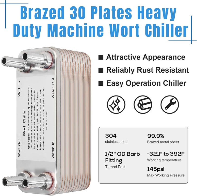 Ferroday مبرد وورت 30 صفيحة، توصيل بارب 1/2" لمبرد وورت المنزل، مبادل حراري من الفولاذ المقاوم للصدأ، مبرد بيرة وورت مبادل حراري للتخمير-7.5" × 2.9" - Image 3