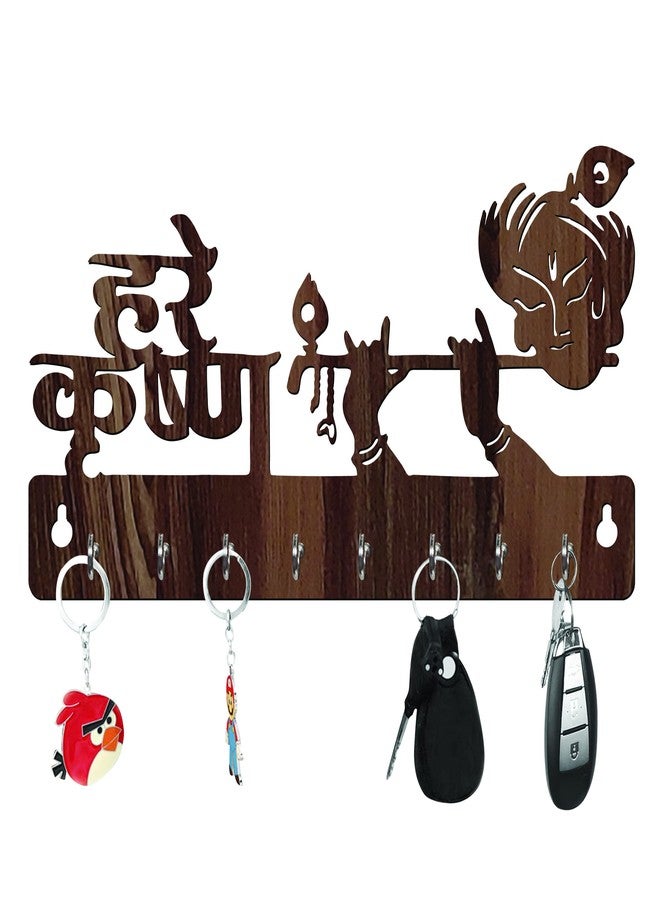Freny Exim Hare Krishna Wooden Key Holder with Face Mask Hanging with 8 Hook - Brown 037 - Image 1