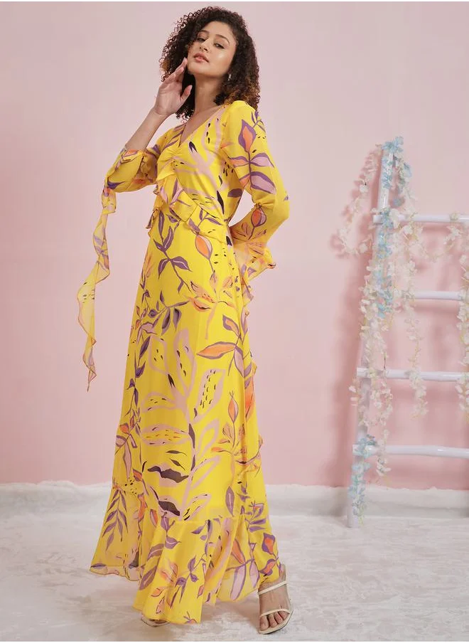 أثينا All Over Print V Neck Frill Maxi Dress