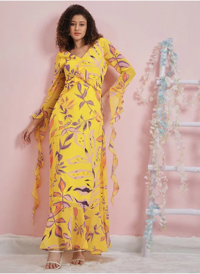 أثينا All Over Print V Neck Frill Maxi Dress