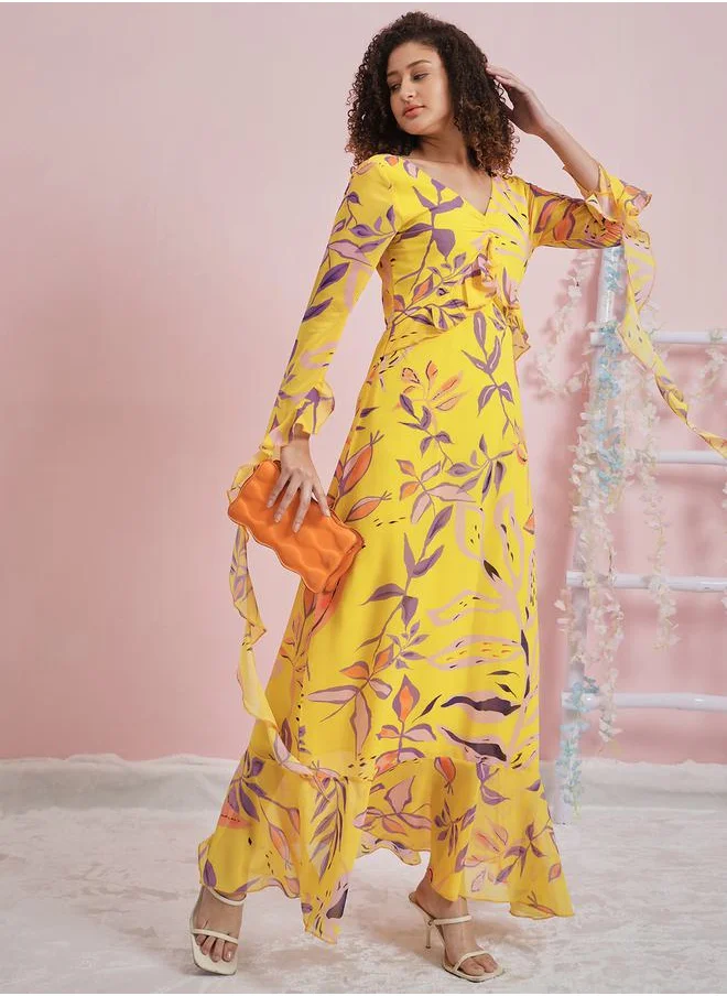 Athena All Over Print V Neck Frill Maxi Dress by Styli