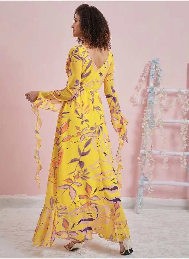 Athena All Over Print V Neck Frill Maxi Dress by Styli