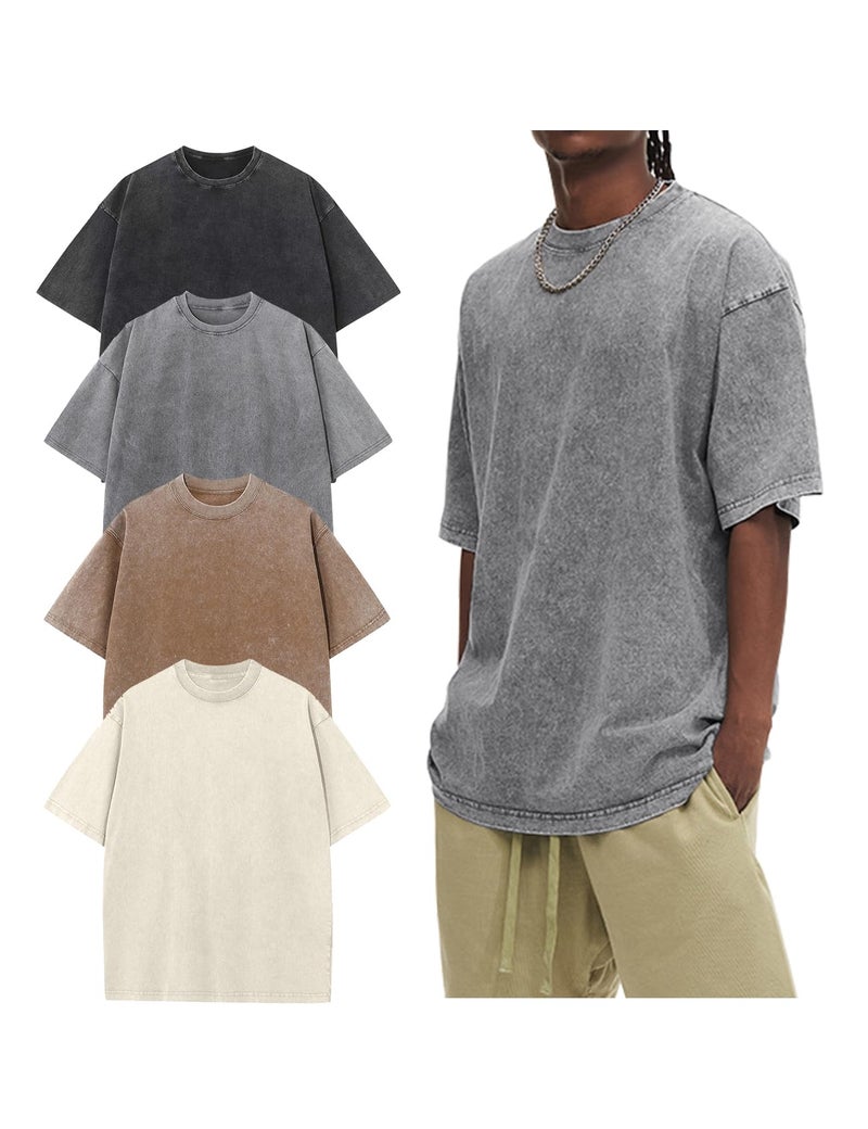 Arssm 4 Pack Oversized Tshirts for Men Acid Wash Loose Fit Vintage Cotton Heavyweight T Shirts Baggy Tees(BlackGreyKhakiBeige-3XL) - Image 1