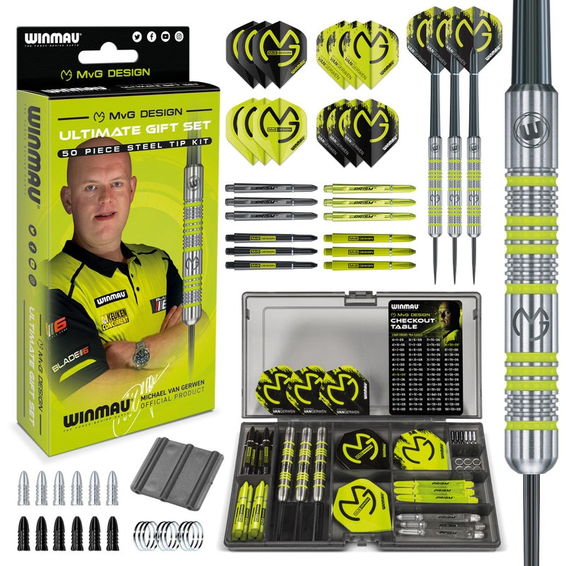 Winmau WINMAU Michael Van Gerwen MvG Steeltip Gift Set - 50 Piece Darts Set with 4 Sets of Shafts, 4 Sets of Flights Plus Accessories - Image 1