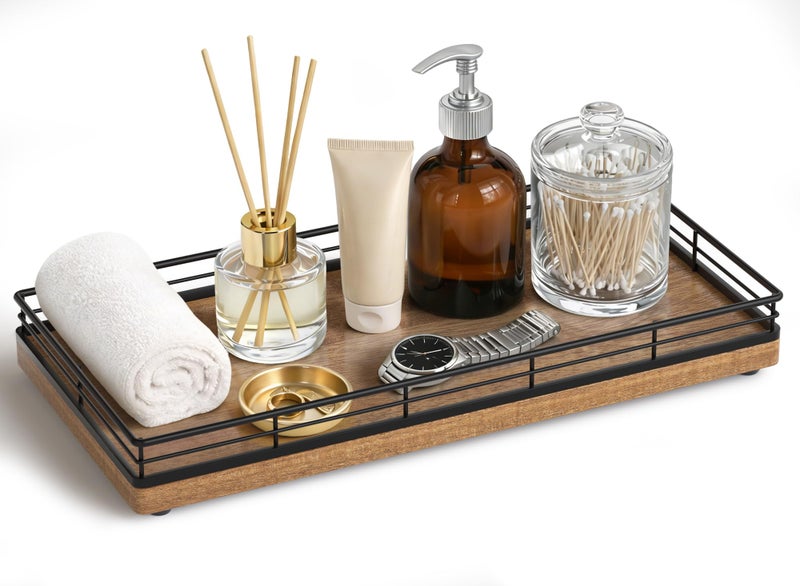 Focusonit Bathroom Vanity Tray for Counter - 12" x 6 "Acacia Wood Decorative Tray for Toilet Tank - Catchall Wooden Sink Tray Countertop Organizer for Kitchen│Dresser Room│Coffee Bar - Image 1