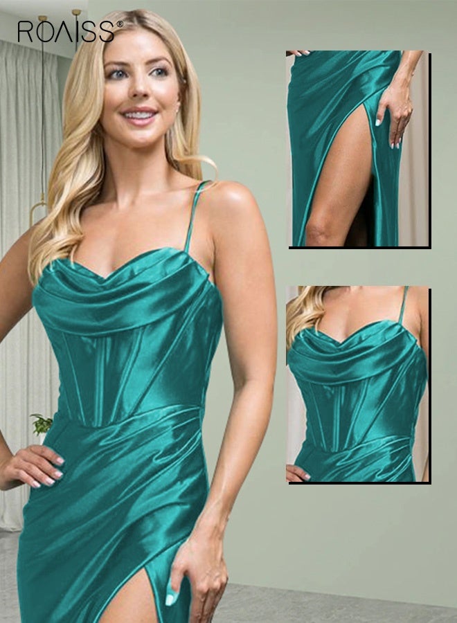 roaiss Banquet Party Bandeau Suspender Dress for Women Evening Dresses Side Slit Backless Long-Length  Sleeveless Prom Ball Gown Elegant High Waist Slim Dress - Image 3