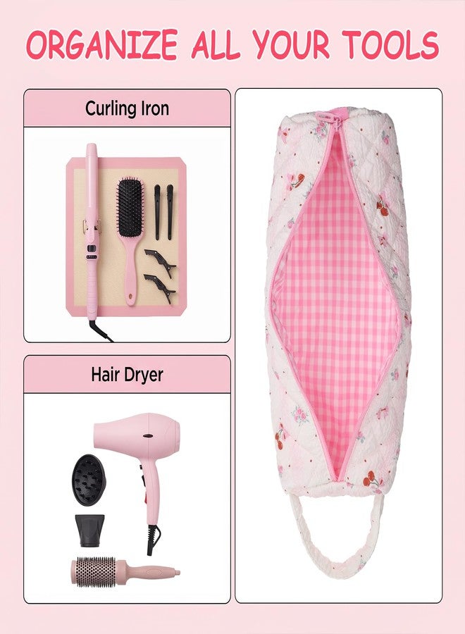 Xosjska Portable Pink Hair Tool Bag, Hair Tools Travel Bag with Cherry Pattern Quilted Cosmetics Toiletry Organizer Soft Cherry Makeup Bags Travel Case for Curling/Flat Irons, Hairs Dryers and Styling Tools - Image 3