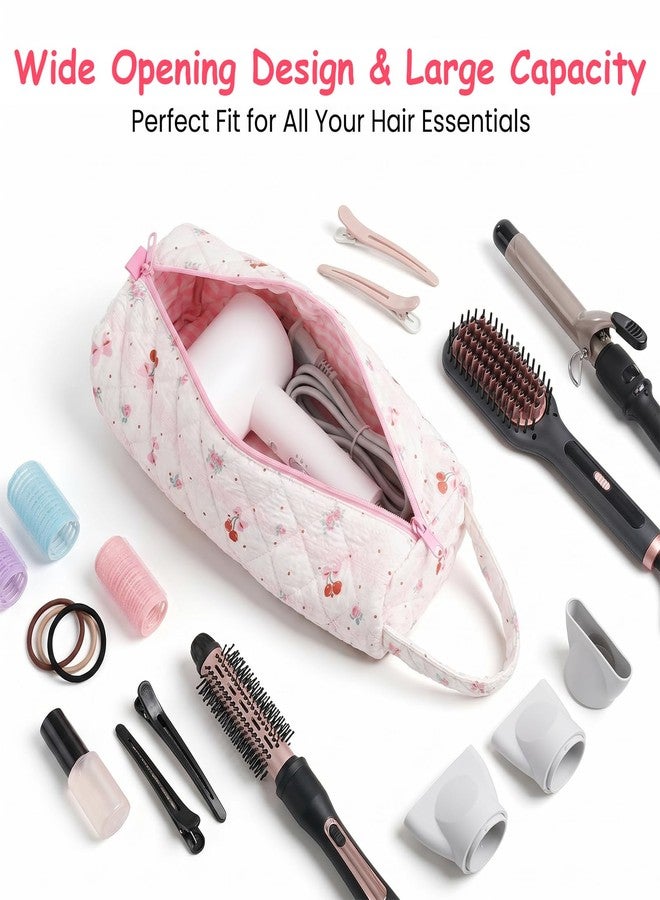 Xosjska Portable Pink Hair Tool Bag, Hair Tools Travel Bag with Cherry Pattern Quilted Cosmetics Toiletry Organizer Soft Cherry Makeup Bags Travel Case for Curling/Flat Irons, Hairs Dryers and Styling Tools - Image 4